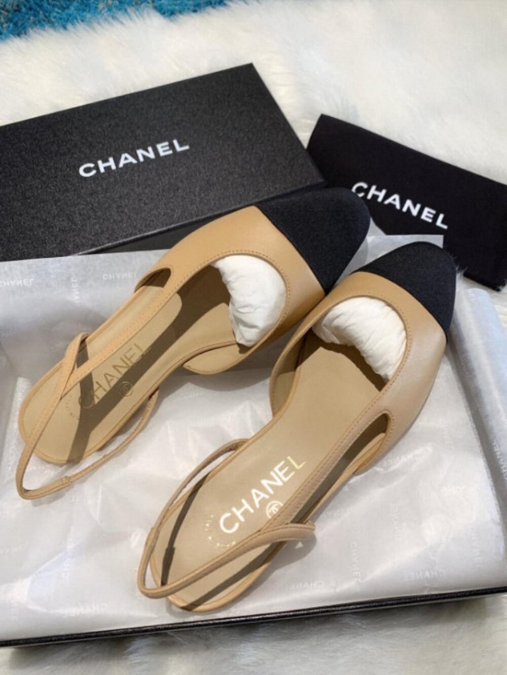Chanel Classic Slingback Flats Beige & Black Grosgrain Toe Shoes - Picture 9 of 11